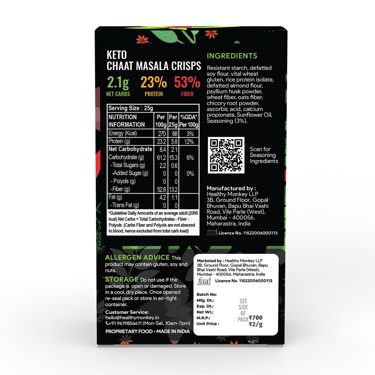 [flavour: Chaat Masala] Ketolab Low-Carb Crisps — Chaat Masala back panel (combined nutrition/ingredients/claims)