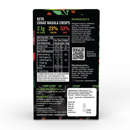 [flavour: Chaat Masala] Ketolab Low-Carb Crisps — Chaat Masala back panel (combined nutrition/ingredients/claims)