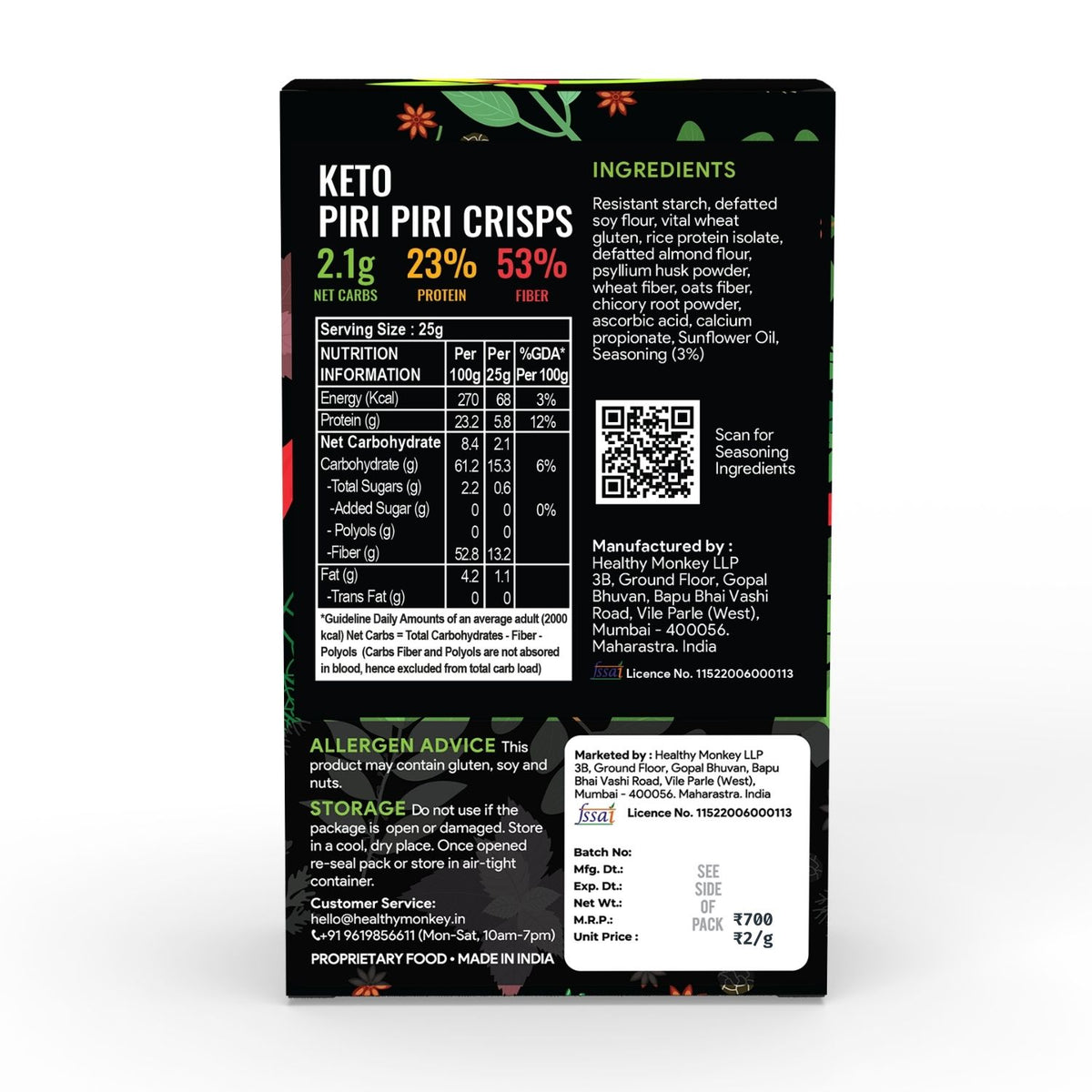 [flavour: Piri Piri] Ketolab Crisps — Piri Piri back panel (combined nutrition/ingredients/claims)