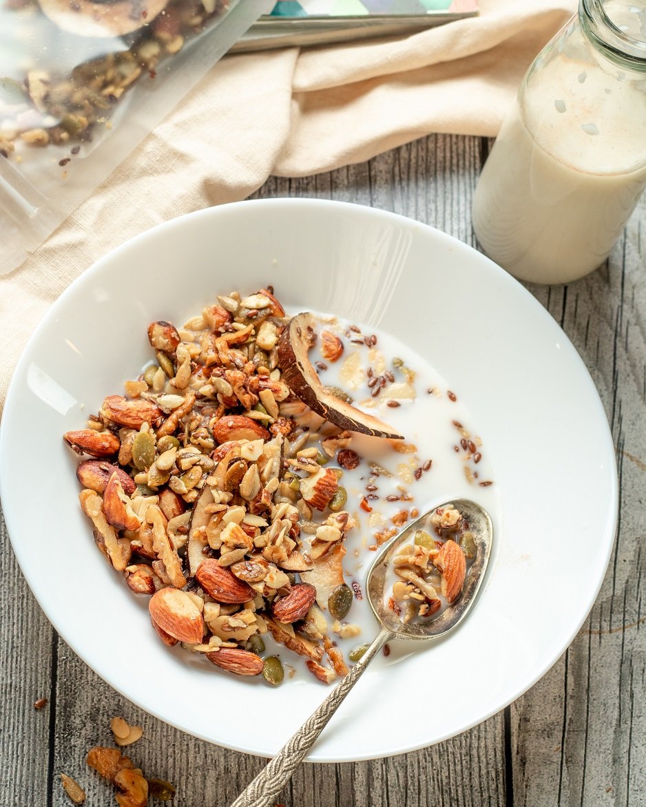 Keto and diabetic friendly granola served in a bowl