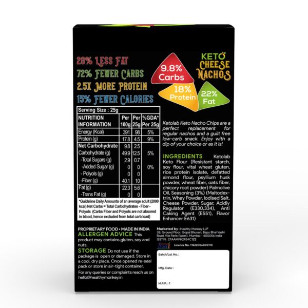 Back-of-pack image of Ketolab Keto Cheese Nachos showcasing nutritional facts (9.8% carbs, 18% protein, 22% fat), ingredient list (including resistant starch, soy flour, almond flour, psyllium husk, etc.), and key health claims such as 72% fewer carbs and 2.5x more protein compared to regular nachos.