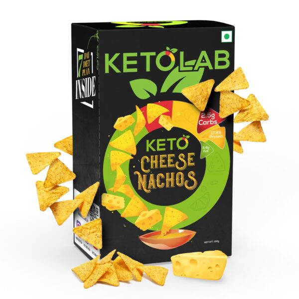 Ketolab Keto Cheese Nachos box with scattered nacho chips and cheese illustrations; labeled 2.5g carbs, 17.8% protein, and 5.6g fat per serving; keto-friendly, high-protein, low-carb snack.