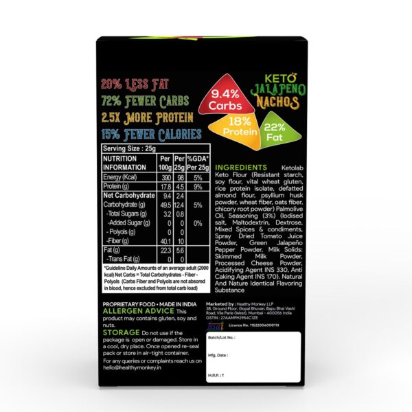 Back of Ketolab Jalapeno Nachos pack displaying nutritional information, ingredients list, health claims (e.g. 72% fewer carbs, 2.5x more protein), and manufacturer details. Highlights include 9.4% carbs, 18% protein, 22% fat, and fiber content of 40.1g per 100g.