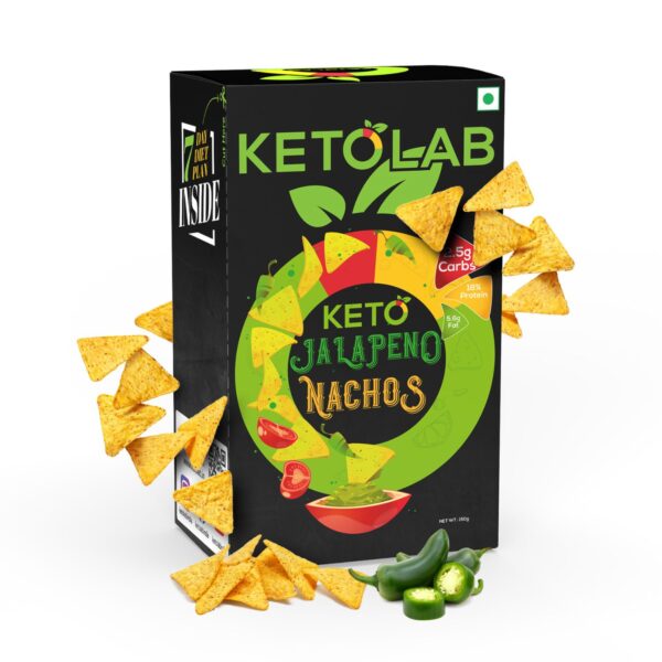 Front-of-pack image of Ketolab Keto Jalapeno Nachos showing tortilla chips and jalapeno slices around the black and green box. Nutritional highlights include 2.5g carbs, 18% protein, and 5.6g fat per serving.
