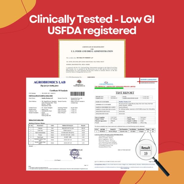 Red background with the title 'Clinically Tested - Low GI USFDA registered'. Image shows three documents: a US FDA registration certificate for Healthy Monkey LLP, a lab certificate of analysis from Agrobiomics Lab, and a test report from The Empirical Laboratory Services indicating a Glycemic Index result of 19.