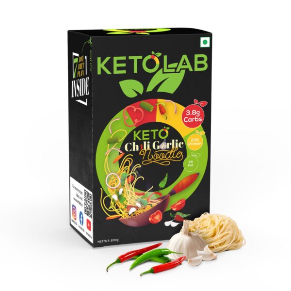 Front packaging of Ketolab Keto Chilli Garlic Noodles with vibrant graphics of noodles, chili, and garlic. Claims include 3.8g carbs, 23% protein, and 25% fat. Box highlights a '7 Day Diet Plan Inside'. Net weight is 200g.