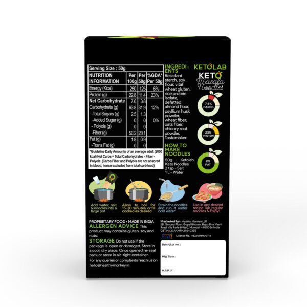 Back view of Ketolab Keto Masala Noodles packaging displaying detailed nutrition facts, ingredients like resistant starch, soy flour, and almond flour, preparation instructions, allergen advice, and manufacturer information. Contains high protein (23%), high fiber (58.2g), low carbs (7.6g net per 100g), and cooking steps in illustrated icons.