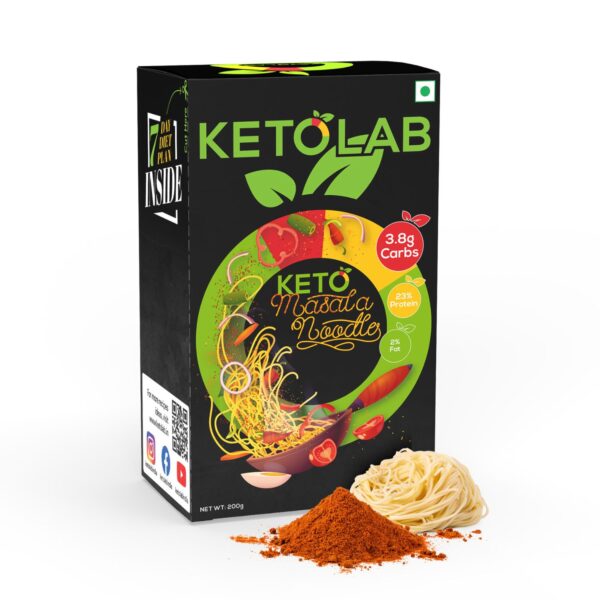 Front view of Ketolab Keto Masala Noodles box highlighting 3.8g carbs, 23% protein, and 2% fat per serving. Packaged with noodles and masala spice blend displayed in front. Tagline on box: '7 Day Diet Plan Inside'