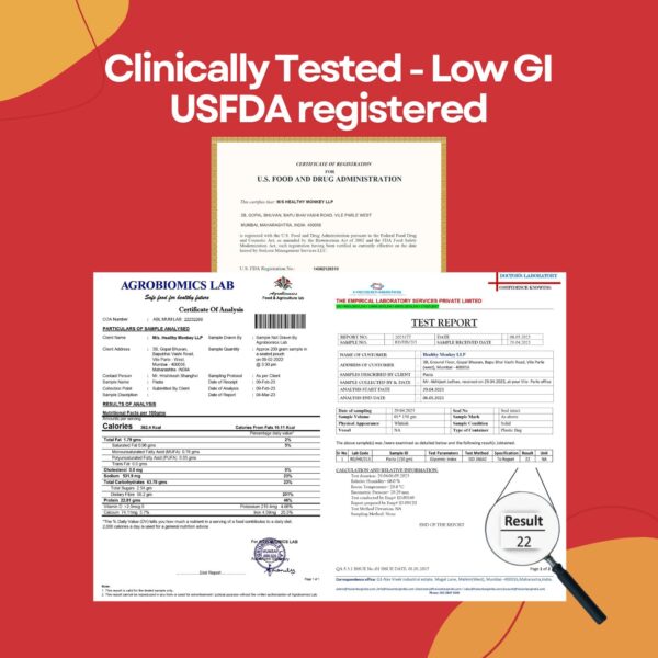 Clinically tested and USFDA-registered Ketolab Keto Noodles. Image shows official USFDA registration certificate, Agrobiomics Lab nutritional report, and The Empirical Laboratory glycemic index test report confirming a GI value of 22.