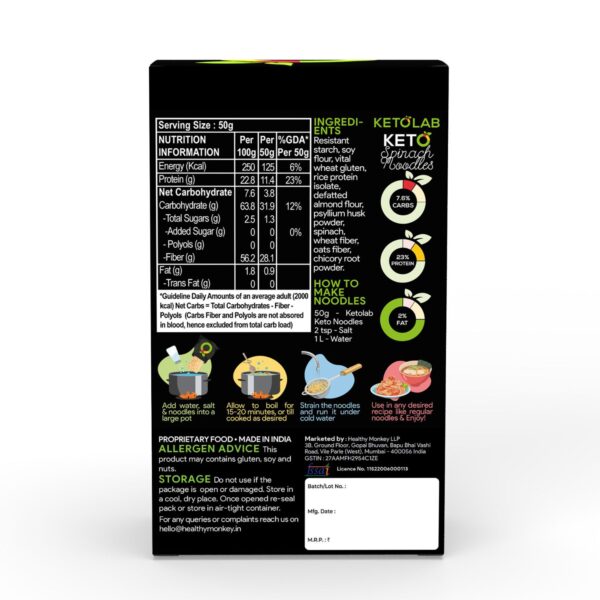 Back panel of Ketolab Keto Spinach Noodles pack showing nutrition facts, ingredients list, cooking instructions, allergen advice, and contact info. Key nutrition: 3.8g net carbs, 23% protein, 2% fat per 50g. Ingredients include resistant starch, soy flour, rice protein, spinach, and more.