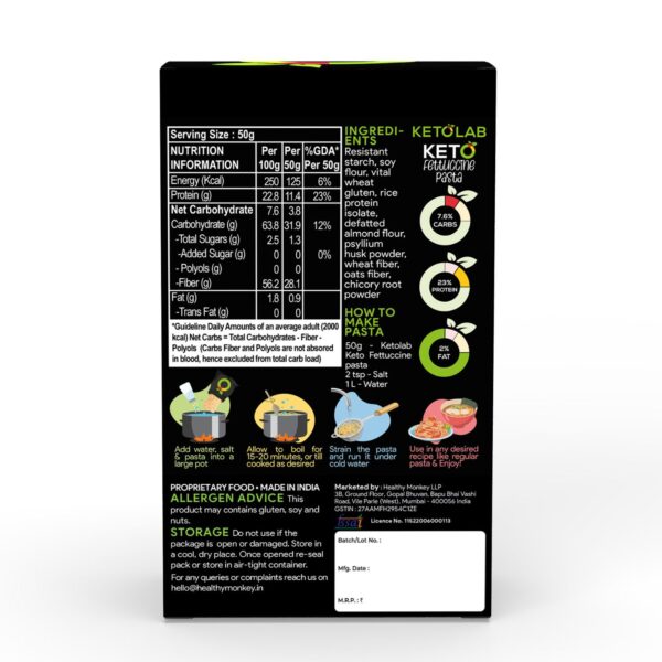 Back of Ketolab Keto Fettuccine Pasta pack showing nutritional facts (7.6% carbs, 29% protein, 2% fat), ingredients (resistant starch, soy flour, vital wheat gluten, rice protein, almond flour, etc.), cooking instructions with illustrations, allergen advice, and storage details.