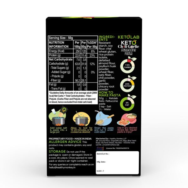 Back view of Ketolab Chilli Garlic Fettuccine Pasta packaging showing nutrition facts, ingredients like soy flour, rice protein, and chili powder; includes preparation instructions, allergy warning, and contact info—ideal for low-carb, high-protein diets.