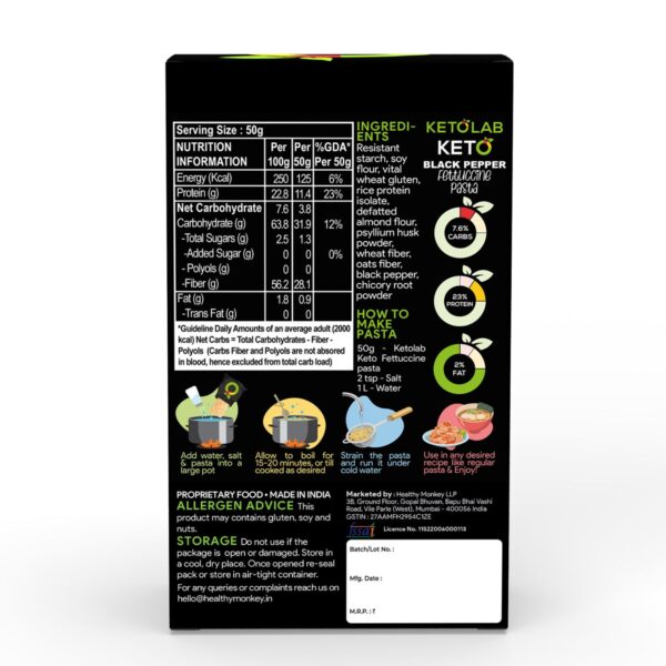Back view of Ketolab Black Pepper Fettuccine Pasta box showing detailed nutrition facts per 100g and per 50g, ingredients list including resistant starch, soy flour, and black pepper, and illustrated step-by-step cooking instructions with allergen and storage advice.