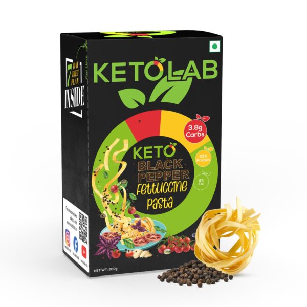 Ketolab Black Pepper Fettuccine Pasta packaging with pasta nest and whole black peppercorns, highlighting 3.8g carbs, 23% protein, 2% fat—ideal for low-carb, high-protein diets.