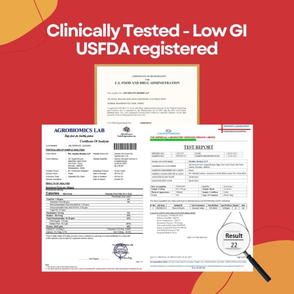 Certification documents on red background stating 'Clinically Tested – Low GI, USFDA registered' with visuals of a USFDA certificate, AGROBIOMICS LAB analysis, and a GI test report showing a Glycemic Index result of 22.
