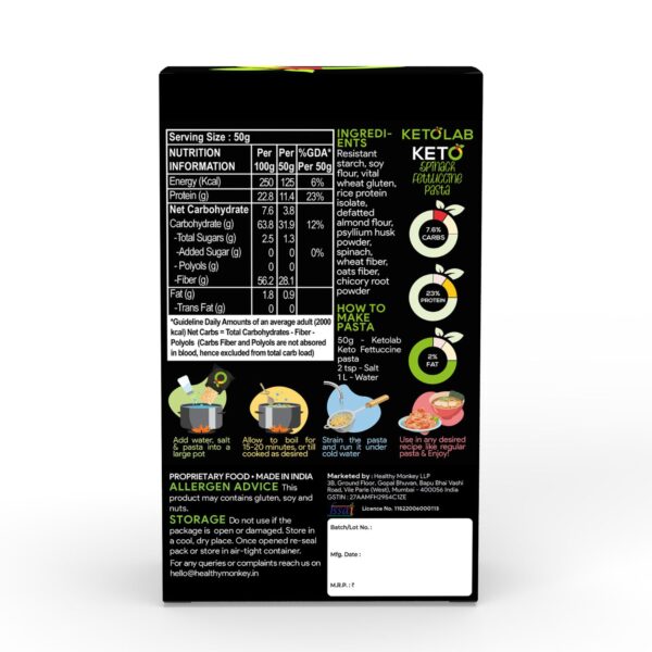 Back of Ketolab Spinach Fettuccine Pasta box showing nutritional information, ingredients list including resistant starch, soy flour, rice protein, almond flour, and spinach powder. Preparation instructions and nutrition highlights (7.6% carbs, 29% protein, 2% fat) are illustrated at the bottom.