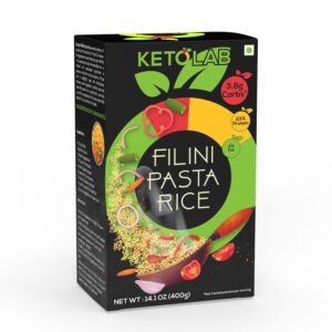 Ketolab Filini Pasta Rice 400g box with black and green packaging. Highlights include 3.8g net carbs, 23% protein, and 2% fat per serving. Colorful vegetable graphics and a bowl of pasta rice decorate the front.