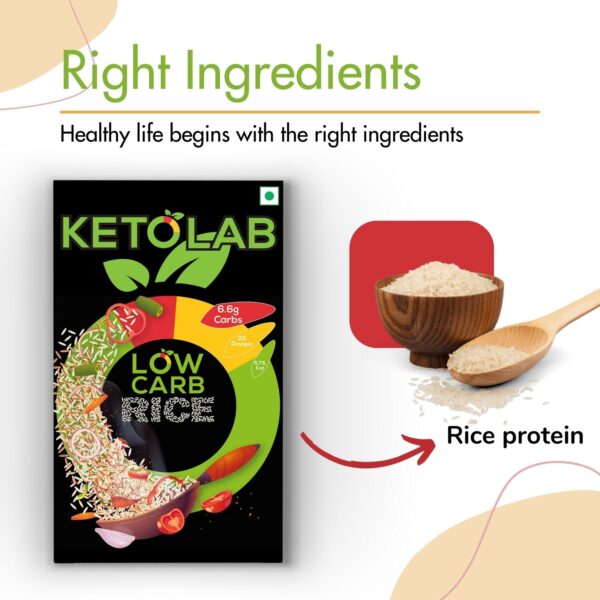 Ketolab Low Carb Rice product with label showing 6.6g carbs, 25% protein, 2.7% fat, and a featured key ingredient—rice protein displayed in a wooden bowl and spoon.
