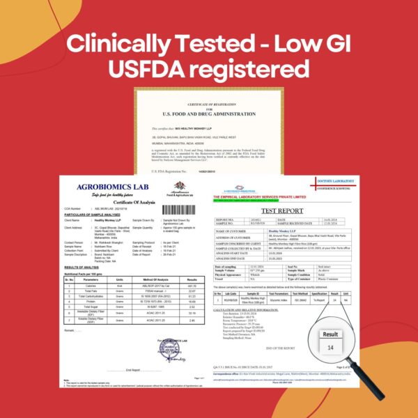 Clinical test reports and USFDA registration certificate for Healthy Monkey LLP products, with prominent claim 'Clinically Tested – Low GI, USFDA registered'; magnified GI test result shows '14'.