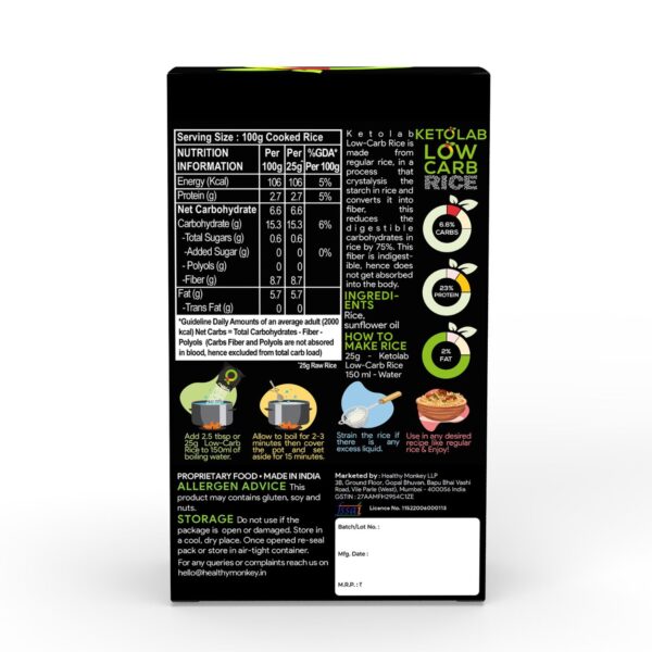 Back label of Ketolab Low-Carb Rice pack, showing nutrition facts, ingredients, and cooking instructions; highlights include 6.8% carbs, 23% protein, and 2% fat per 100g cooked rice.