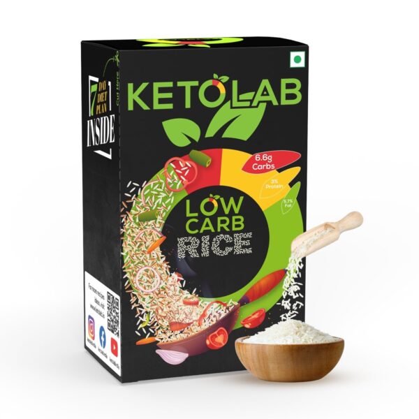 Ketolab Low Carb Rice box with vibrant ingredients design and nutritional highlights—6.6g Carbs, 25% Protein, 2.7% Fat—alongside a wooden scoop and bowl filled with rice.