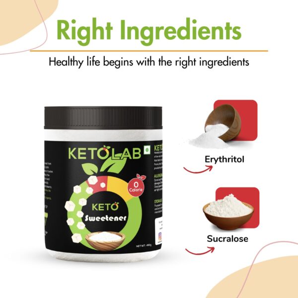 Ketolab Sweetener product image showing ingredients Erythritol and Sucralose with wooden bowls, accompanied by the tagline 'Healthy life begins with the right ingredients' on a clean white background with green and red accents.