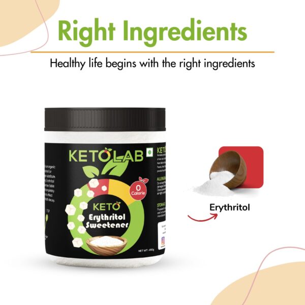 Ketolab Erythritol Sweetener jar labeled '0 Calorie' with graphic highlighting Erythritol as the sole ingredient. Text above reads 'Right Ingredients – Healthy life begins with the right ingredients' on a white background.