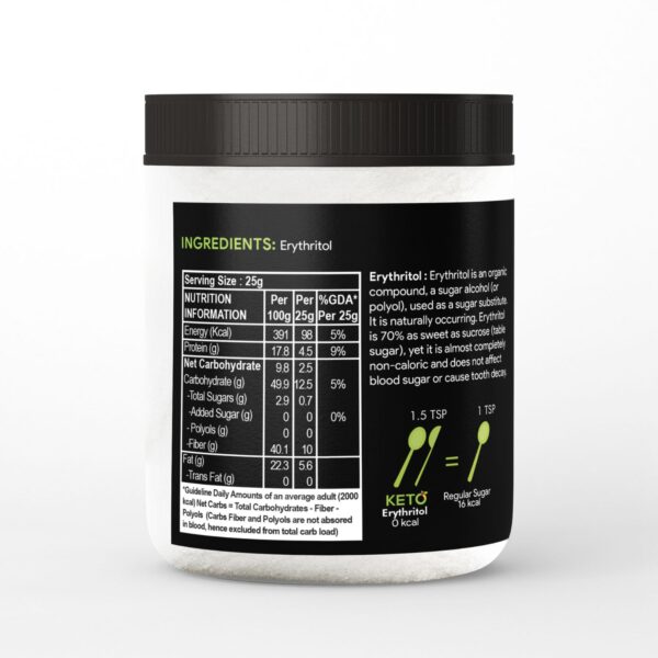 Back label of Ketolab Erythritol jar displaying nutritional facts per 100g and 25g, with ingredient listed as Erythritol, and a comparison illustration showing 1.5 teaspoons of Ketolab Erythritol equals 1 teaspoon of regular sugar.