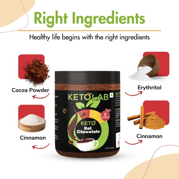 Ketolab Hot Chocolate jar displayed with four main ingredients around it: Cocoa Powder, Erythritol, and Cinnamon (shown both as powder and sticks). Header text reads 'Right Ingredients' with a subheading 'Healthy life begins with the right ingredients