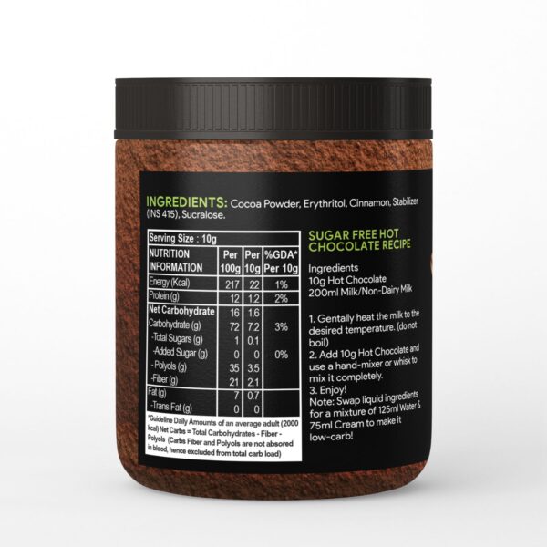 Nutrition label and sugar-free hot chocolate recipe on the back of a cocoa product jar; includes ingredients like cocoa powder, erythritol, cinnamon, and sucralose, and provides per 10g serving details with preparation steps using milk or cream