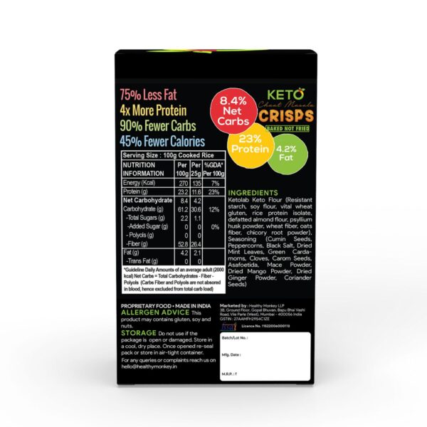 Back view of Ketolab Crisps (Crack Masala flavor) pack displaying nutrition facts per 100g and 25g (8.4g net carbs, 23% protein, 4.2% fat), detailed ingredients list including KetoLab Keto Flour and spices, storage instructions, allergen advice, and health claims like '75% less fat' and '90% fewer carbs