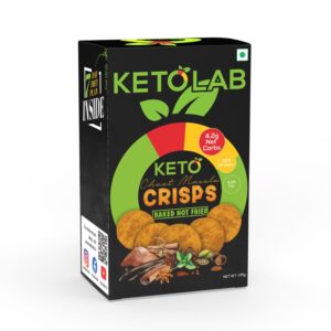 Front view of Ketolab Chaat Masala Crisps box highlighting 4.2g net carbs, 23% protein, and 4.2% fat per serving; labeled 'Baked Not Fried' with a graphic of crisps and assorted Indian spices at the bottom