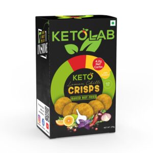 Front view of Ketolab Lemon Chilli Crisps pack featuring nutrition highlights (4.2g net carbs, 23% protein, 4.2% fat), product name, crispy round snacks, and fresh ingredients like lemon, chili, onion, and garlic; labeled 'Baked Not Fried' with 7-day diet plan inside
