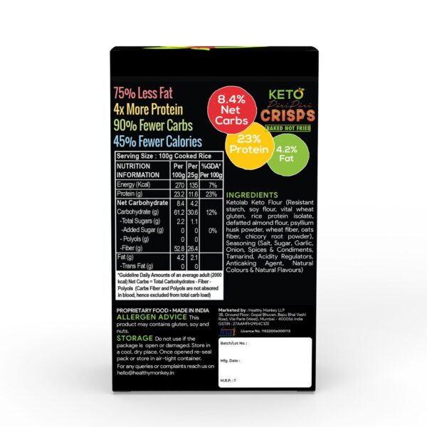 Back view of Ketolab Peri Peri Crisps pack showing nutrition facts (8.4% net carbs, 23% protein, 4.2% fat), health benefits (75% less fat, 4x more protein, 90% fewer carbs, 45% fewer calories), and ingredients including resistant starch, soy flour, psyllium husk, and natural seasonings