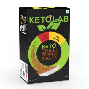 Ketolab Chilli Pepper Bhujia box with 2.7g carbs and 18% protein per serving; includes a 7-day diet plan inside; net weight 400g