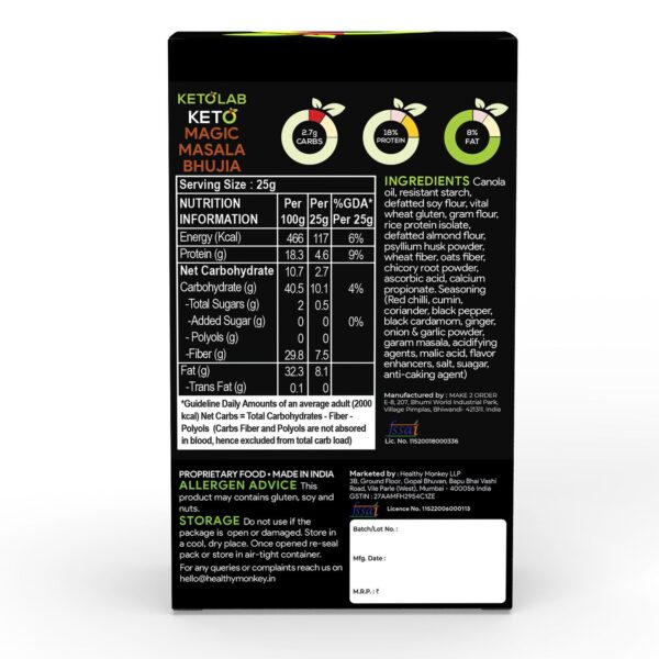 Back label of Ketolab Keto Magic Masala Bhujia showing nutrition facts, 2.7g net carbs, 18% protein, 8% fat per 25g serving, and ingredients like resistant starch, soy flour, spices, and dietary fiber—keto-friendly, low-carb, high-protein Indian snack