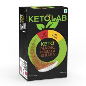 Front view of Ketolab Keto Magic Masala Bhujia 400g pack highlighting 2.7g net carbs and 18% protein per serving—low-carb, high-protein, keto-friendly Indian snack suitable for diabetics and weight loss diets
