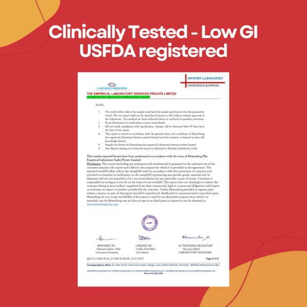 Ketolab lab certification from Empirical Laboratory Services with claims: Clinically Tested, Low GI, and USFDA registered—validating the brand’s low glycemic, diabetic-friendly keto snacks