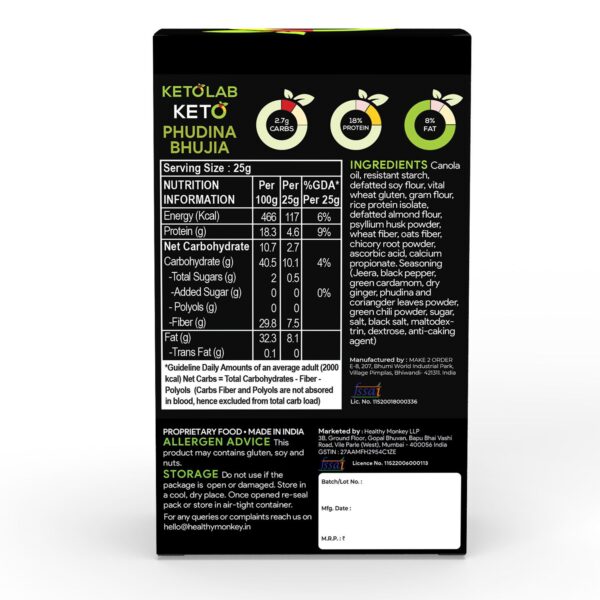 Back label of Ketolab Keto Phudina Bhujia pack displaying nutrition facts, ingredients like phudina, green chili, and coriander, along with allergen advice, FSSAI license, and storage instructions—low-carb, high-protein, diabetic-friendly snack