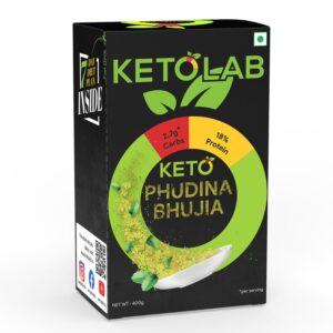 Front view of Ketolab Keto Phudina Bhujia 400g pack highlighting 2.7g net carbs and 18% protein per serving—low-carb, high-protein, mint-flavored keto snack for weight loss and diabetes management