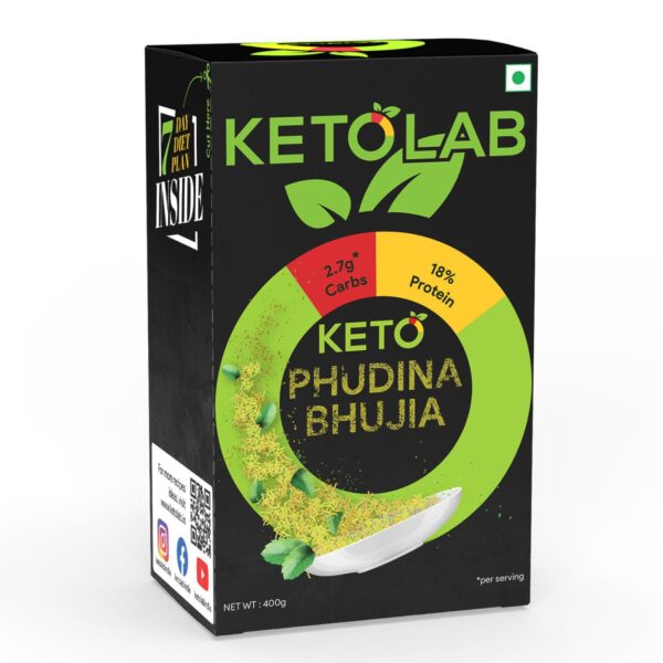 Front view of Ketolab Keto Phudina Bhujia 400g pack highlighting 2.7g net carbs and 18% protein per serving—low-carb, high-protein, mint-flavored keto snack for weight loss and diabetes management