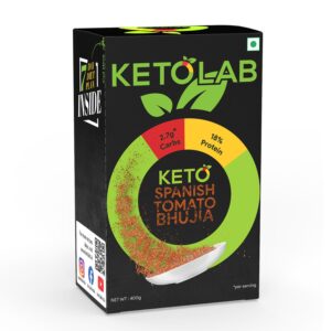 Ketolab Keto Spanish Tomato Bhujia 400g pack front view highlighting 2.7g net carbs and 18% protein per serving—low-carb, high-protein, keto-friendly snack for weight loss and diabetes management