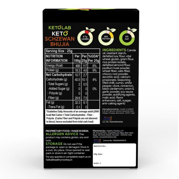 Back label of Ketolab Keto Schezwan Bhujia pack showing nutrition facts, ingredients, allergen advice, and storage information