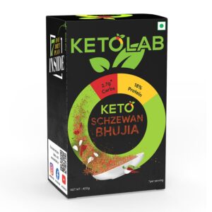 Front view of Ketolab Keto Schezwan Bhujia pack highlighting 2.7g net carbs and 18% protein per serving in a 400g box