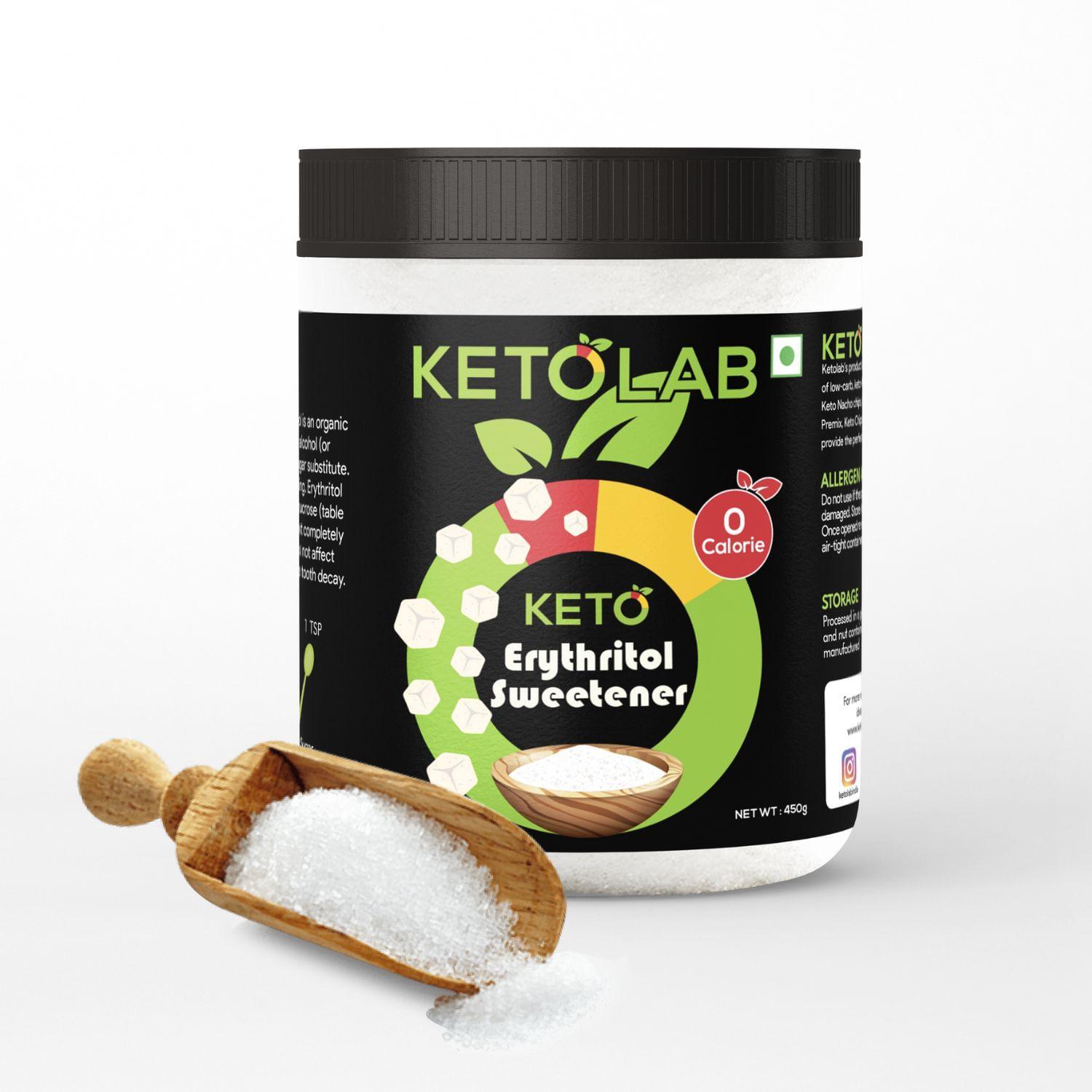 Ketolab Erythritol Sweetener jar labeled '0 Calorie' with a wooden scoop of granular sweetener placed in front, on a clean white background.